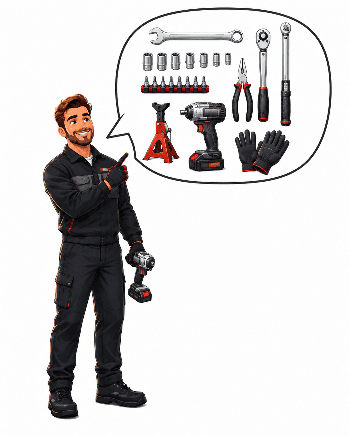 Mechaniker der Schrauberbude zeigt auf eine Auswahl an Werkzeug: Ringschlüssel, Nüsse, Bits, Zange, Drehmomentschlüssel, Unterstellbock, Schlagschrauber und Handschuhe